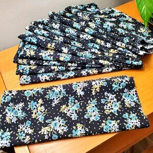 RAYON FABRIC FLORAL PRINT NEW 12 PANELS 18" x 15" EACH BLACK BLUE WHITE DOTS